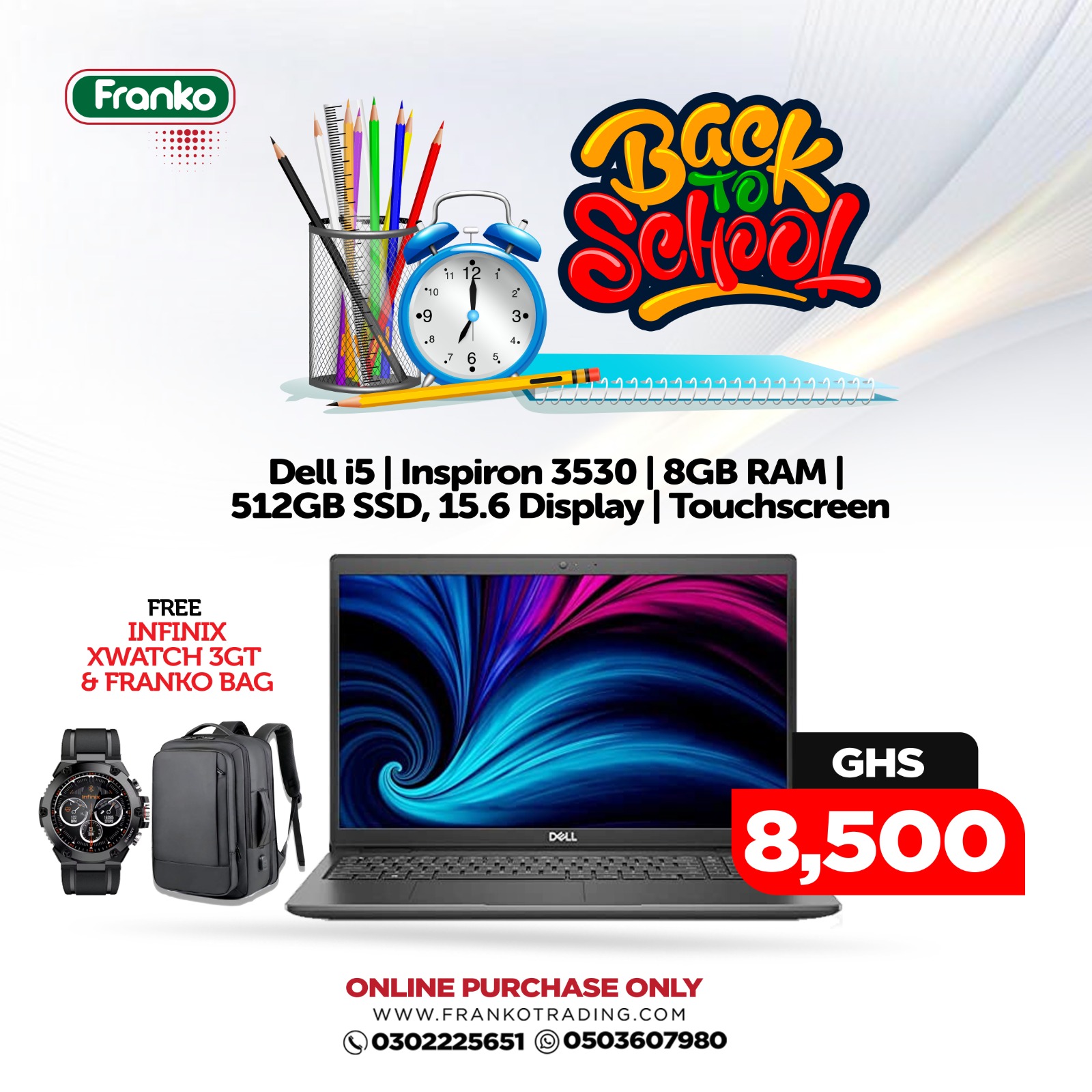 Dell i5 | Inspiron 3530 | 8GB RAM | 512GB Display | Touchscreen Plus Free Infinix Xwatch 3GT Plus Free Franko Bag